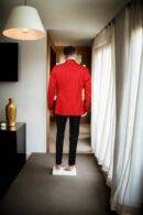 Ravishing Red Suit with Red Coat, Black Satin Lapel Collar, and Black Pants - Perfect for Formal Events & Weddings