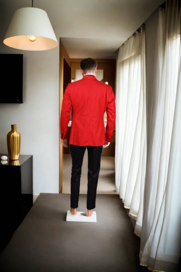 Ravishing Red Suit with Red Coat, Black Satin Lapel Collar, and Black Pants - Perfect for Formal Events & Weddings - Image 3