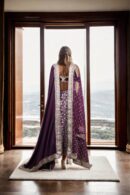 Elegant Wine Velvet Dhoti Skirt Set with Off-Shoulder Blouse & Dual Dupattas - Perfect for Weddings & Glamorous Events