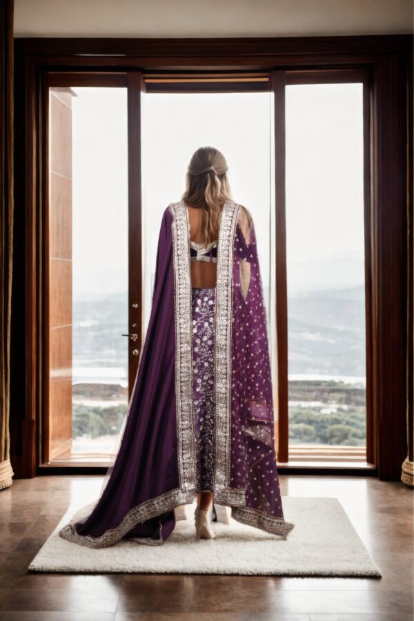 Elegant Wine Velvet Dhoti Skirt Set with Off-Shoulder Blouse & Dual Dupattas - Perfect for Weddings & Glamorous Events - Image 3