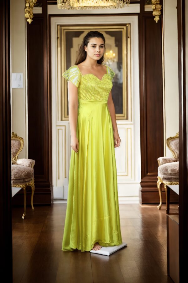 Yellow Silk Long Gown with Self-Thread Embroidery, White Sequin & Beadwork - Sweetheart Neckline & Off-Shoulder Net Sleeves - Image 4