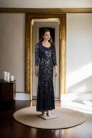 Black Sequin Bodycon Dress with Full Sleeves, Round Neckline & Net Attachment - Glamorous Evening Wear