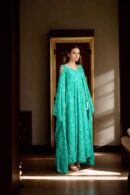 Caribbean Green Feathered Western Gown with V-Neckline and Full Long Designer Sleeves - Elegant Evening Wear
