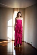 Dark Magenta Strapless Cup Dress with Side Zip Opening and Front High-Low Frills - Elegant Party Dress