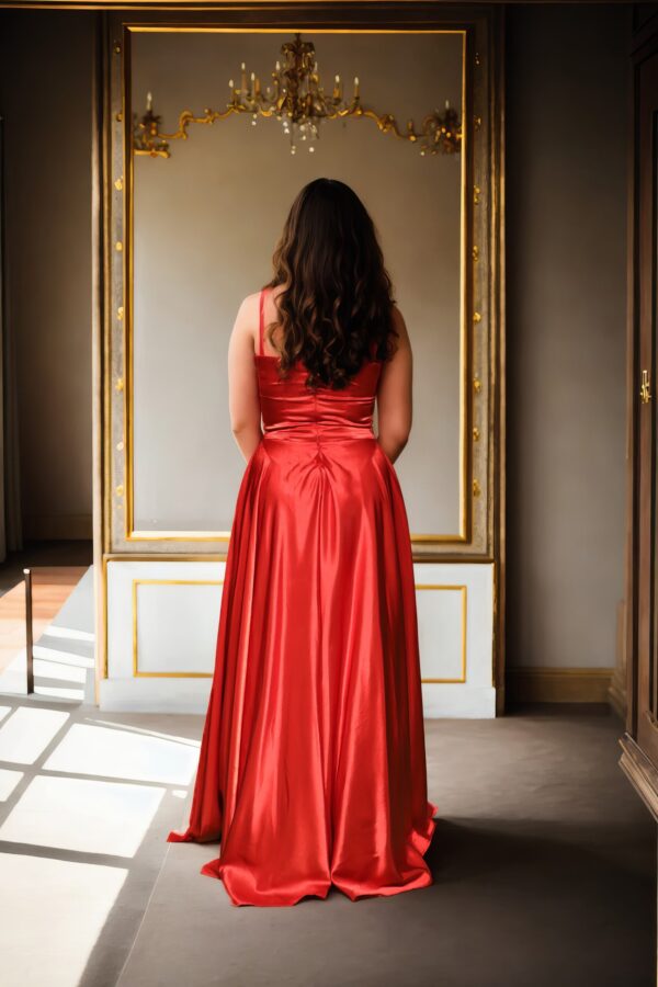 Red Strap Neck Satin Umbrella Gown ? Perfect for Elegant Weddings & Formal Celebrations - Image 4