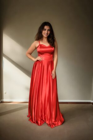 Red Strap Neck Satin Umbrella Gown ? Perfect for Elegant Weddings & Formal Celebrations
