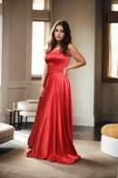 Red Strap Neck Satin Umbrella Gown ? Perfect for Elegant Weddings & Formal Celebrations