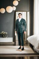 Green Georgette Suit with Self Embroidery & Sequin Work - Waistcoat with Shawl Collar, Geometric Embroidery Design & A-Line Pants