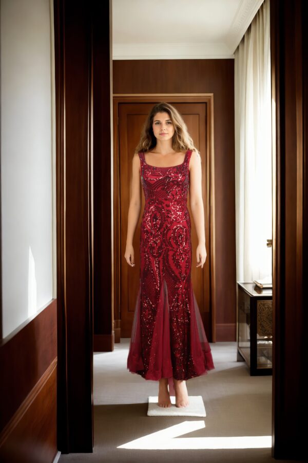 Maroon Net Strap Western Dress with Esquires Work, Sweetheart Neckline & Fish Cut Design - Elegant Evening Wear