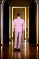 Light Pink Polyester Suit with Net Full Sequin Work - Shawl Collar Design, Full Sleeves, Two Pockets & A-Line Pants
