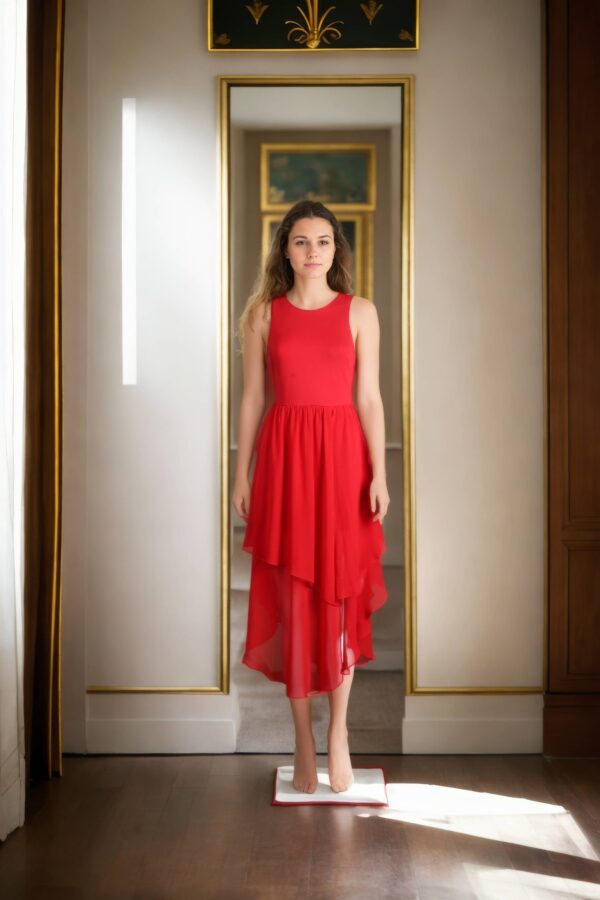 Red Stretchable Western Gown with Round Neckline, Sleeveless Design, and Ruffle Detailing  Long Length Formal Dress