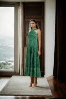 Elegant Green Georgette Western Gown with Gold Sequins, Light Embroidery Work & Halter Neck Design - Perfect for Glamorous Evenings & Special Occasions