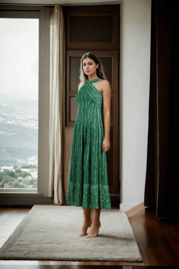 Elegant Green Georgette Western Gown with Gold Sequins, Light Embroidery Work & Halter Neck Design - Perfect for Glamorous Evenings & Special Occasions - Image 4