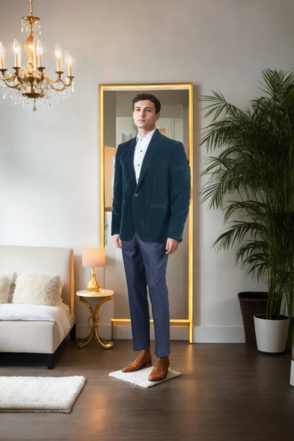 Dark Green Velvet Blazer with Shawl Collar - Perfect for Weddings & Formal Events - Image 2