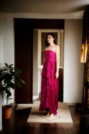 Dark Magenta Strapless Cup Dress with Side Zip Opening and Front High-Low Frills - Elegant Party Dress