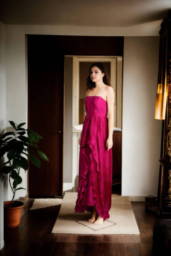 Dark Magenta Strapless Cup Dress with Side Zip Opening and Front High-Low Frills - Elegant Party Dress - Image 4