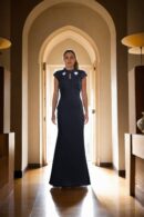 Black Polyester Bodycon Dress with Ruffled Fancy Neck, Back Zip, Collar Band, and Cap Sleeves - Stylish Evening Wear