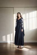Black Silk Dress with Front Pleated Details, Self-Thread Work, Sequin Embellishments, V-Neckline, and Net Full Sleeves - Elegant Evening Wear