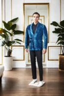Luxurious Peacock Blue Velvet Blazer with Shawl Collar & Tailored Fit - Perfect for Formal & Evening Occasions