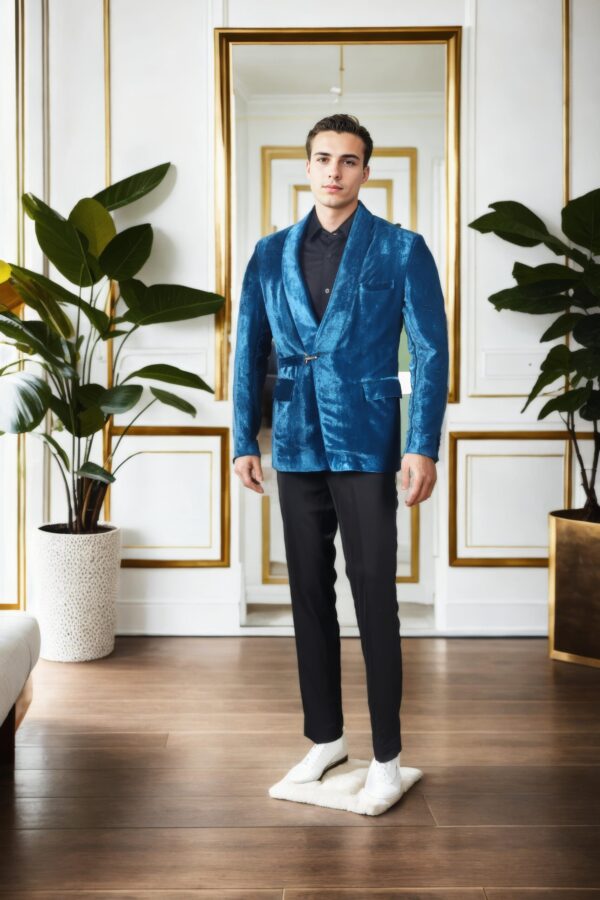 Luxurious Peacock Blue Velvet Blazer with Shawl Collar & Tailored Fit - Perfect for Formal & Evening Occasions - Image 2