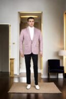Turkish Rose Cotton-Viscose Slim-Fit Formal Suit with Black Astrack Geometric Design, Notched Lapel Collar, Full Sleeves, and Formal Pants