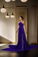 Elegant Purple Georgette Halter Neck Long Train Flying Dress - Pleated Sleeveless Design for Photoshoots & Santorini Vibes