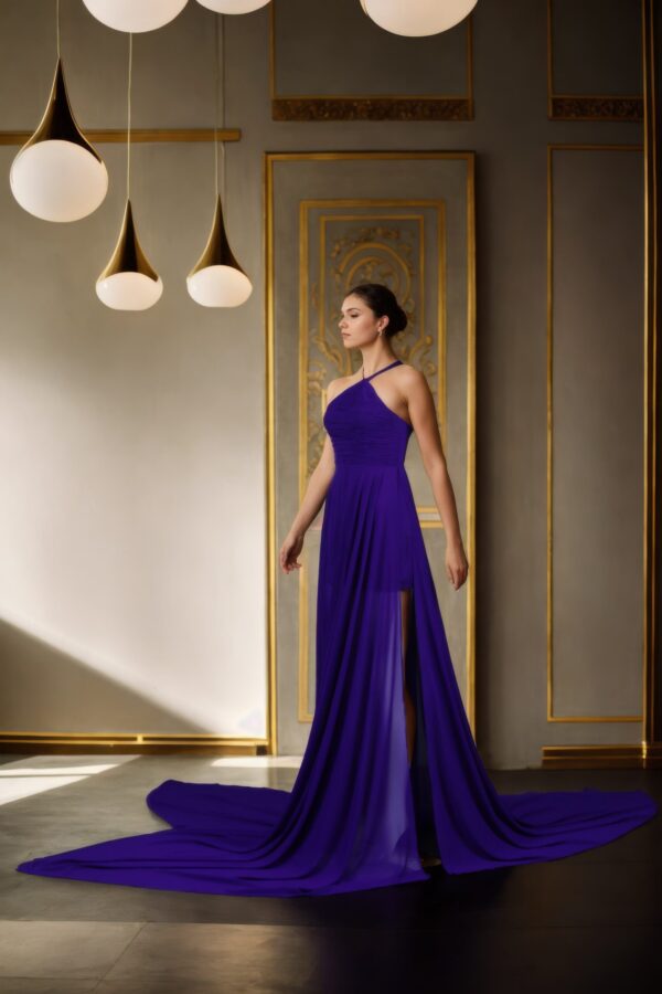 Elegant Purple Georgette Halter Neck Long Train Flying Dress - Pleated Sleeveless Design for Photoshoots & Santorini Vibes - Image 6
