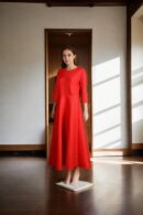 Red Lycra Western Dress with Pleated Details, 3/4 Sleeves, and Round Neckline - Stylish Casual Wear