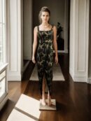 Luxurious Long Sleeveless Net Embroidered Gown with Princess Cut Padded Top, Overlapped Bottom, and Back Zip Opening - Perfect for Formal & Evening Events
