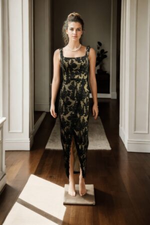 Luxurious Long Sleeveless Net Embroidered Gown with Princess Cut Padded Top, Overlapped Bottom, and Back Zip Opening - Perfect for Formal & Evening Events