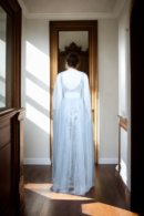 Graceful Sky Blue Net Gown with Beaded Cape & Sequin Detail - Perfect for Weddings & Evening Galas