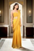 Stunning Yellow Georgette Western Gown with Corset Design, Self-Embroidery Work, Sequins & Gold Lace Details ? Perfect for Weddings & Special Occasions