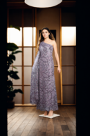 Baby Pink Sequin Net One-Shoulder Maxi Dress with Beaded Details & Designer Sleeves