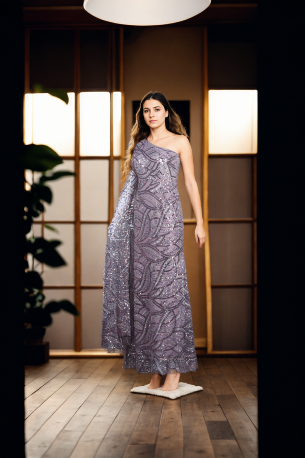 Baby Pink Sequin Net One-Shoulder Maxi Dress with Beaded Details & Designer Sleeves - Image 4