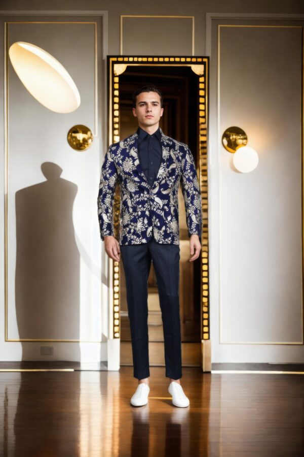 Navy Blue Velvet Heavy Blazer with Gold Zari Thread & Sequin Work - Notch Lapel Collar, Long Sleeves, Two Flap Pockets