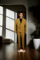 Honey Yellow Suiting Set with Notch Lapel Collar, Unique Pattern, Two-Button Blazer with Pocket, Full Sleeves, and A-Line Pants
