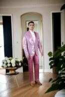 Pink Georgette Suit with Vertical Sequin & Self-Thread Work Design - Peak Lapel Collar, Full Sleeves & A-Line Pants