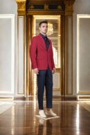 Maroon Denim Blazer - Notch Lapel Collar, Single-Breasted with Double-Button Closure & Double-Vented Back Hem