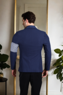 Men's Navy Blue Slim-Fit Suiting Blazer with Shawl Collar & White Vertical Line Details - Modern Elegance