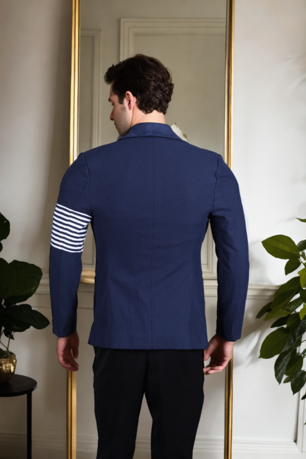 Men's Navy Blue Slim-Fit Suiting Blazer with Shawl Collar & White Vertical Line Details - Modern Elegance - Image 4