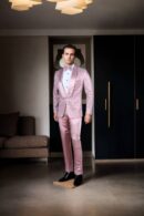 Cherry Blossom Pink Net Suit with Pearls, Beads & Sequin Work - Silk Satin Shawl Collar with Button Design, Full Sleeves & A-Line Pants