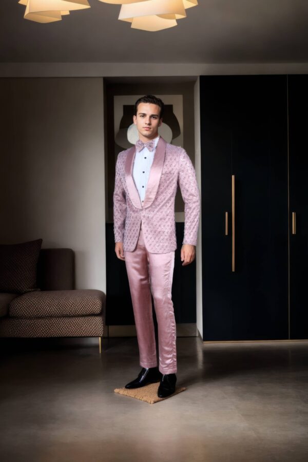 Cherry Blossom Pink Net Suit with Pearls, Beads & Sequin Work - Silk Satin Shawl Collar with Button Design, Full Sleeves & A-Line Pants - Image 4