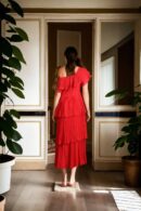 Red One-Shoulder Gown with 4-Layered Frills and Back Zip Opening - Elegant Evening Wear