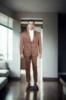 Peanut Brown Slim-Fit Silk Formal Suit with Notched Lapel, Single-Breasted Closure, and Vented Back Hem