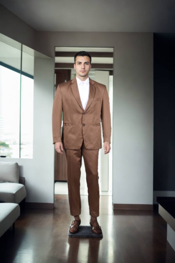 Peanut Brown Slim-Fit Silk Formal Suit with Notched Lapel, Single-Breasted Closure, and Vented Back Hem