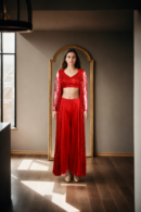 Elegant Red Net Gown with Sleeveless Blouse & Sequin Jacket Perfect for Parties Celebrations