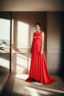 Long High-Low Satin Gown with Tilted V-Neck Padded Top and Back Zip Opening - Sophisticated Evening Wear