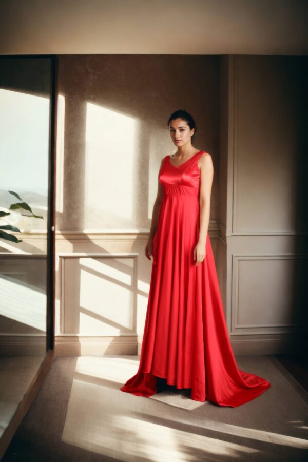 Long High-Low Satin Gown with Tilted V-Neck Padded Top and Back Zip Opening - Sophisticated Evening Wear - Image 2
