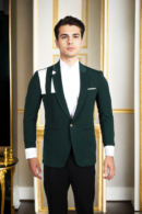 Mens Dark Green Colourblocked Slim-Fit Casual Blazer with Notched Lapel & Double-Vented Hem - Modern & Stylish