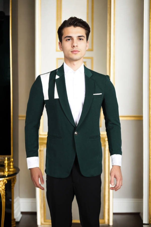 Mens Dark Green Colourblocked Slim-Fit Casual Blazer with Notched Lapel & Double-Vented Hem - Modern & Stylish